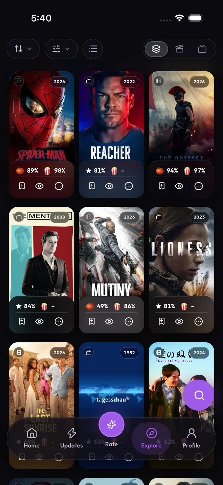 FlickThreads Explore: movies and TV shows with scores and watchlist controls