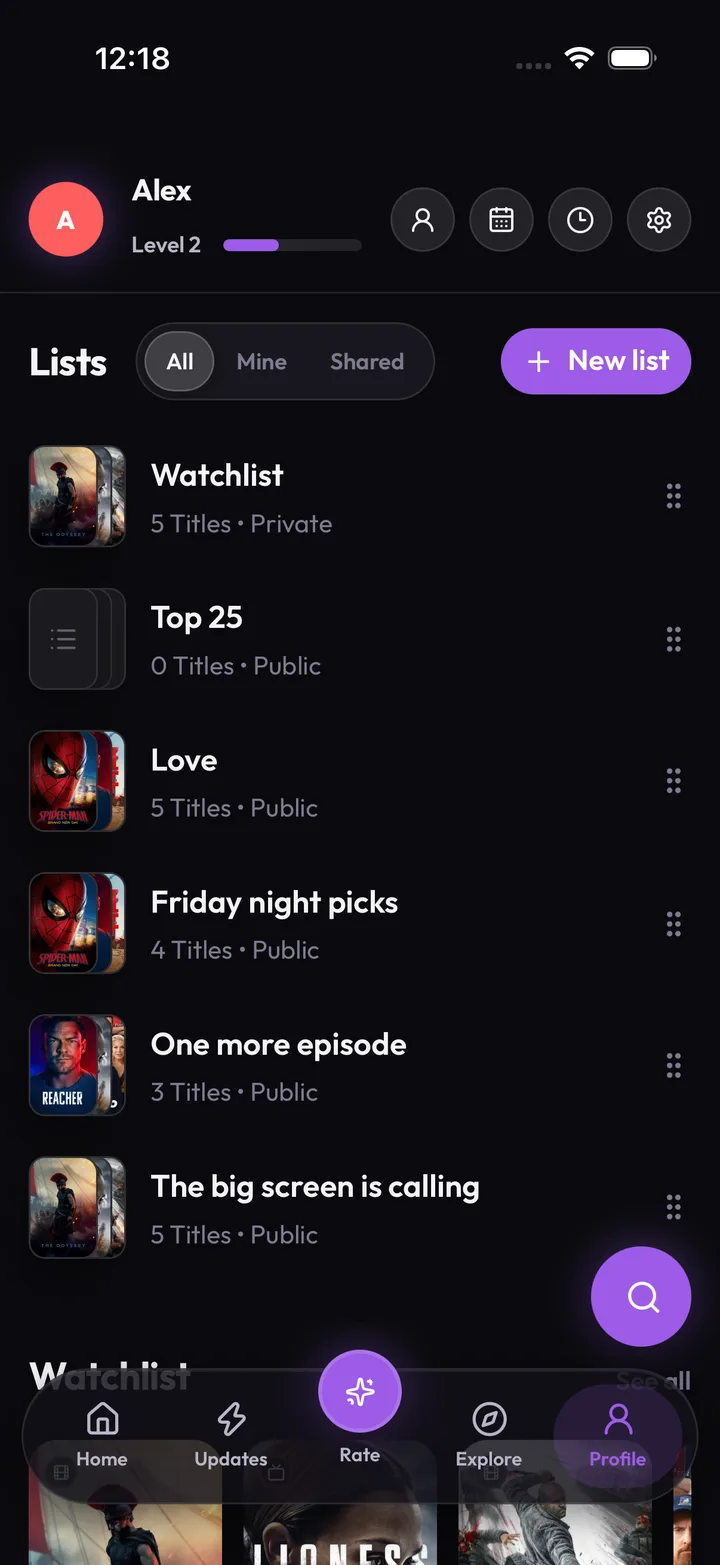 FlickThreads demo profile with Watchlist, Love, and custom movie lists