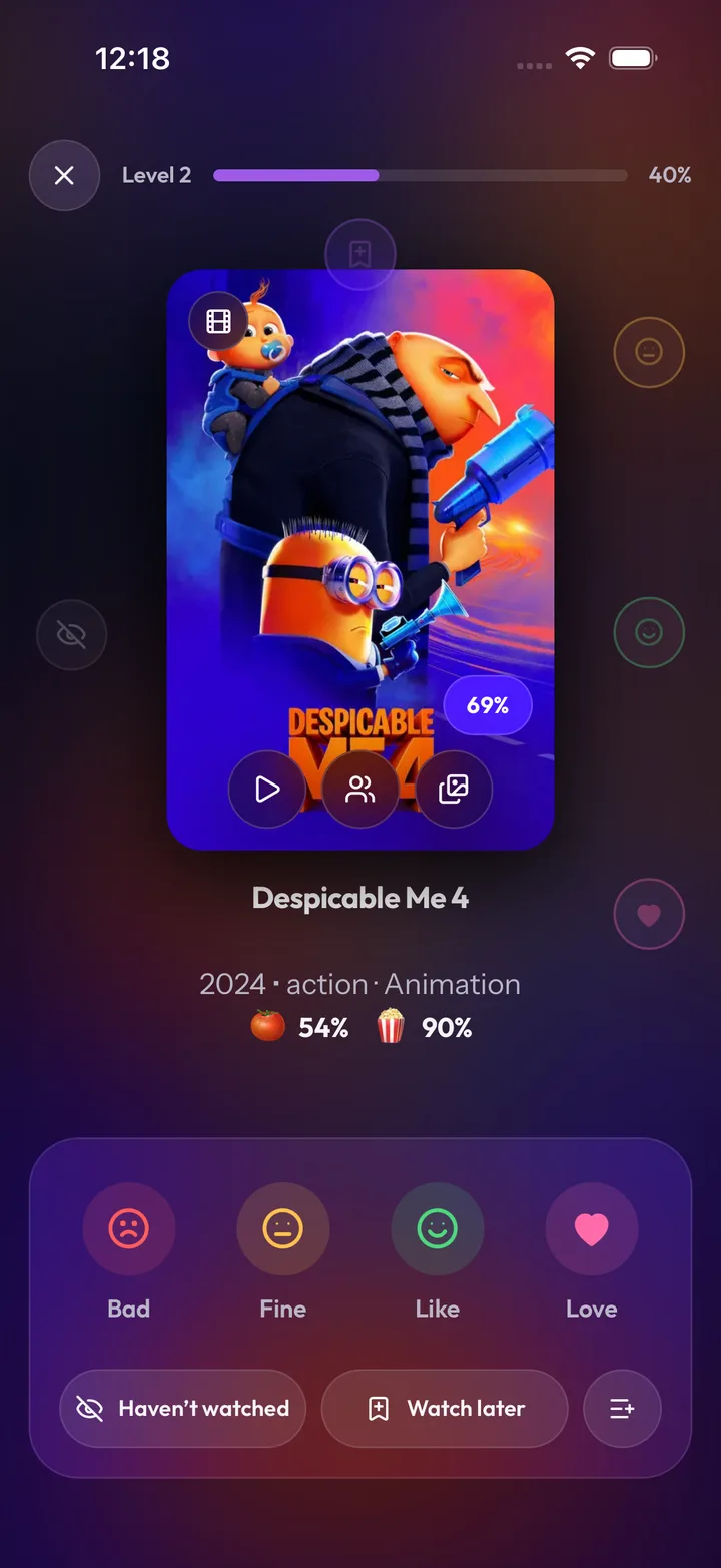 FlickThreads Rate screen with Bad, Fine, Like, and Love choices
